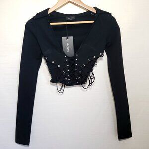 OUTCAST long sleeve black gromet lace up collar plunge crop top NWT goth alt XS